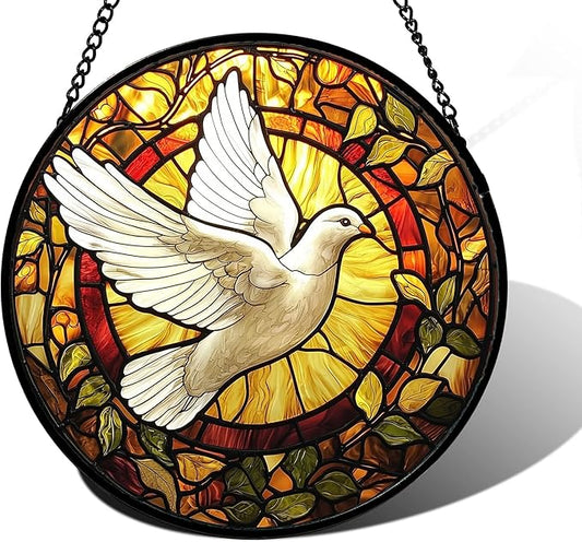 DASTOLL Stained Glass Window Hanging, Flying White Dove Sun Catchers Diamond Glass Panel Hangings Cute Birds Suncatcher Decor for Birthday for Women, Men, Wife, Aunt, and Mom 11.8 in