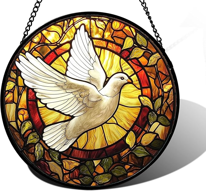 DASTOLL Stained Glass Window Hanging, Flying White Dove Sun Catchers Diamond Glass Panel Hangings Cute Birds Suncatcher Decor for Birthday for Women, Men, Wife, Aunt, and Mom 9.8X9.8 in