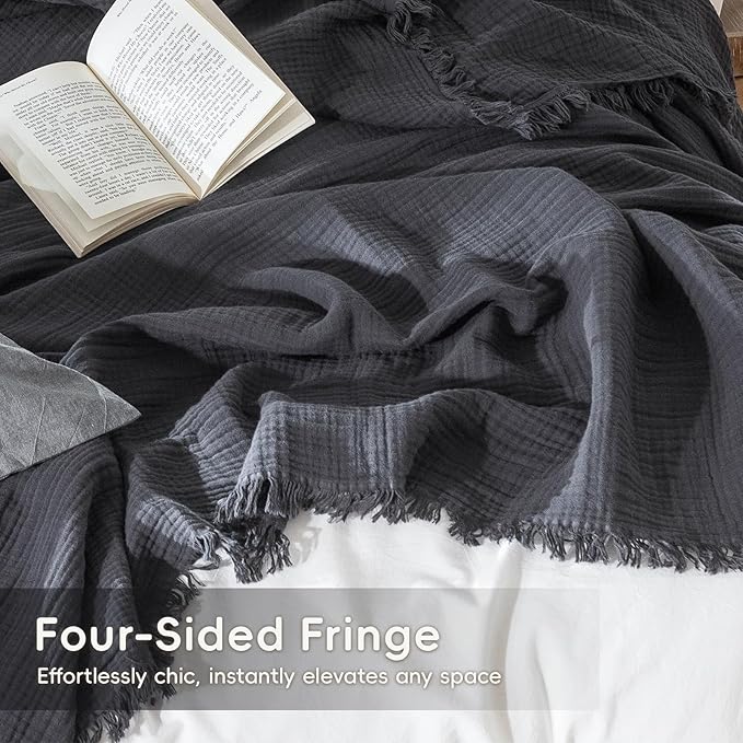MooMee Muslin Blanket - 100% Cotton 4-Layer Gauze Throw Blanket with All-Around Fringe, Ultra-Soft Breathable Lightweight Cooling Decorative for Bed, Sofa & Couch (Dark Grey,King 104" x 90")