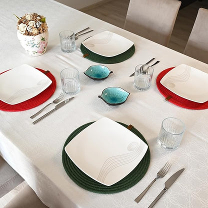 Round Placemats, Set of 4, Handmade by Braided Cotton Cord for Kitchen and Dining Table, Dia. 12.6 Inch, Doublesided, Heat Resistant, Washable, Red/Green