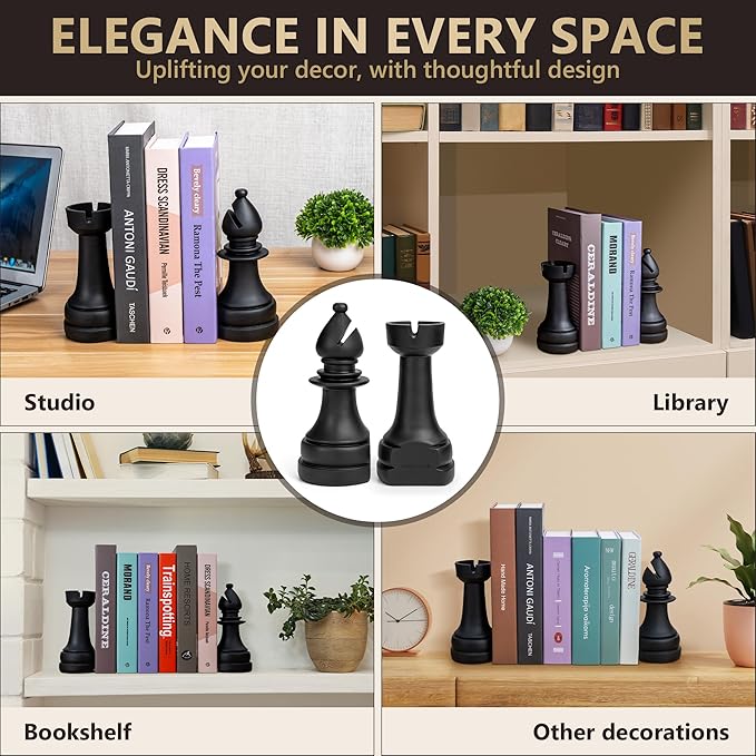 Chess Book Ends for Shelves – Elegant Decorative Bookends for Heavy Books, Office & Living Room Decor – Modern Shelf Organizer and Gift for Book Lovers by ROOKMATE (Matte Black, Opera Mate)