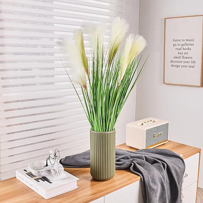 Green Ceramic Flower Vase for Pampas Grass, 10 inch Large Decorative Centerpiece Ribbed Vase for Dining Table, Office Desktop, Shelf Bookshelf, Mantel, Entryway, Bathroom, Countertop, Farmhouse, Gift