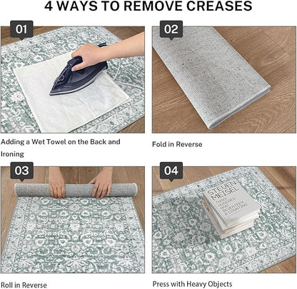 Vintage Floral 3x5 Rug, Sage Green White Entryway Rug Small Area Rug Washable Non-Slip Throw Rug, Thin Printed Faux Wool Low-Pile Kitchen Rugs Super Soft Capet for Entrance Bedroom Office