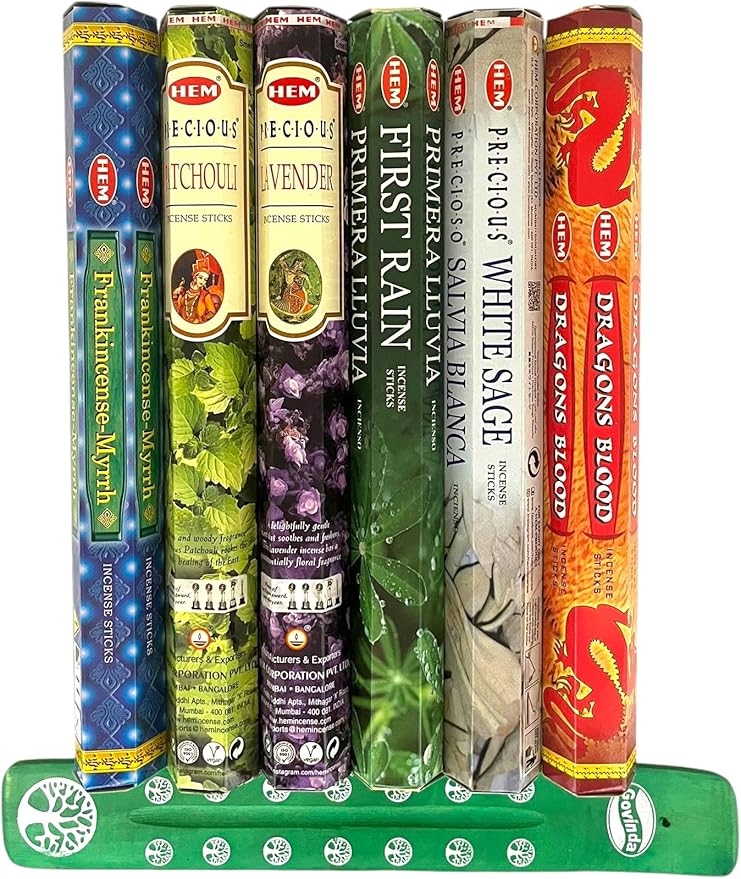 Hem Incense Sticks Variety Pack #1-120 Insence-Sticks (6 Incents x 20 Insense) + Incense Stick Holder Bundle with 6 Top Scents Including Lavender Patchouli Dragons Blood White Sage