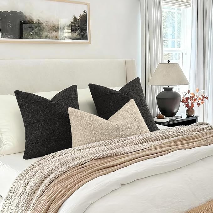 YCOLL Textured Boucle Throw Pillow Covers 18x18 Pack of 2 - Soft Neutral Striped Cushion Covers, Cozy Accent Decorative Pillow Covers for Couch, Sofa, Bed, Living Room (Black)