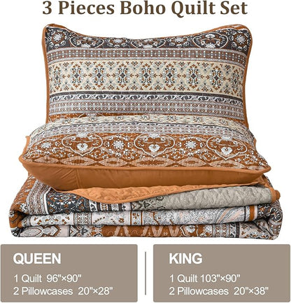 WONGS BEDDING Boho Fall Quilt Set California King, Brown and Grey Bohemian Striped Pattern Printed Quilt Coverlet, Lightweight Bed Decor Bedspread for All Season 106"x96"(3 Pieces, Cal King)