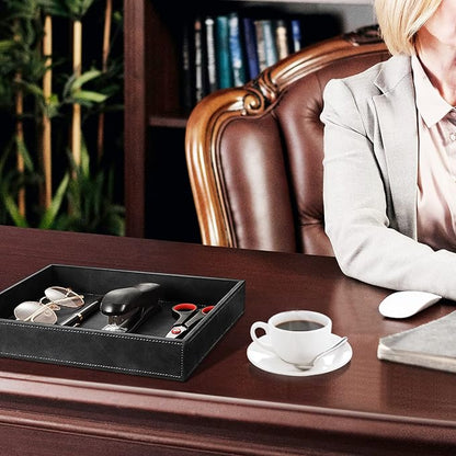 SITHON Valet Tray Desk Organizer, PU Leather Catchall Bedside Vanity Tray Nightstand Caddy Coin Box Key Jewelry Storage Organizer, Black