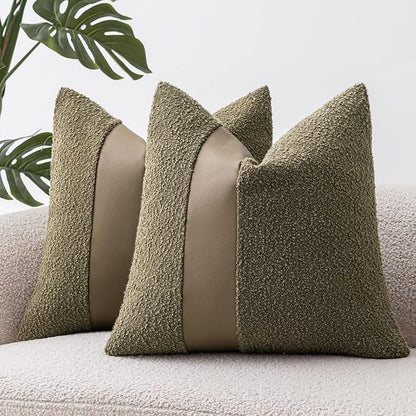 20"x20" Moss Green Boucle Throw Pillow Covers with Faux Leather Accents Set of 2 Fluffy Textured Decorative Pillow Cases for Couch Bed Boho Farmhouse Square Cushion Covers for Nordic Home