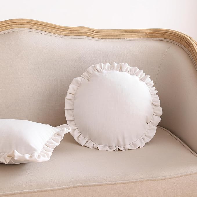 ISAENNE Classic White Round Throw Pillow Cover Diameter 16", Solid Color Cottage Linen Cotton Decoration Pillow Cover with Ruffles, Sturdy Throw Pillow Case for Couch Sofa Bed Living Room