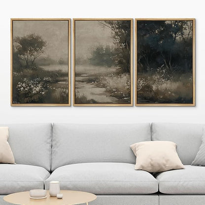 MUDECOR Framed Wall Art Print Set Vintage Landscape Subtle Forest and River in Earthy Tones Illustrations Modern Art Boho Decorative Colorful Chic for Living Room, Bedroom, Office - 24"x36"x3 Natural