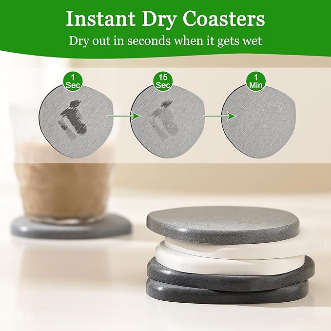 Diatomaceous Earth Coasters Set of 6 for Drinks, Moisture Water Absorbent Stone Coasters for Table Desk at Work, Water Absorbing Instant Drying Diatomite, Modern Light Grey