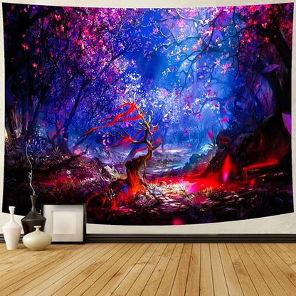 Delur Fantasy Forest Tapestry Enchanted Magical Fairy Tale Tree of Life Wall Hanging Tapestry Mystical Psychedelic Landscape Nature Headboard for Bedroom Living Room Home Decor (59.1" x 78.7")