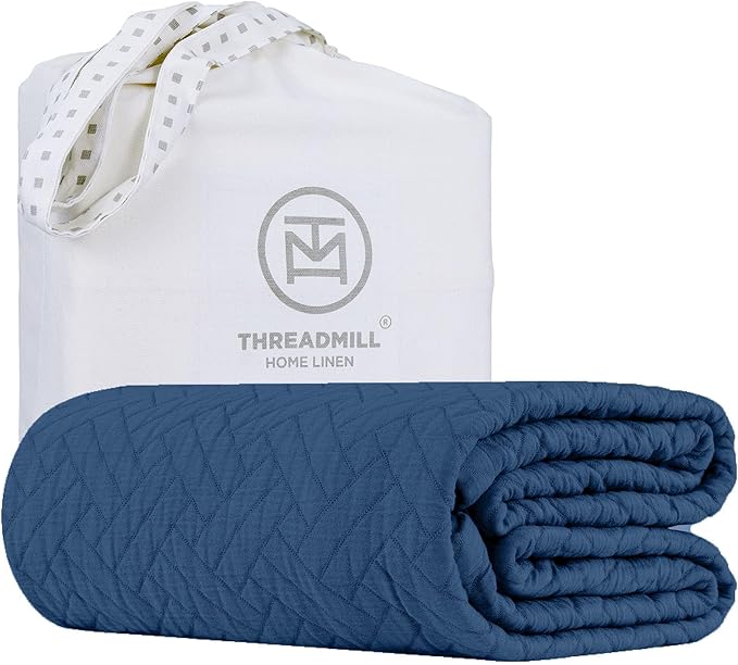 Threadmill Luxury Cotton Blankets for Queen Size Bed | All-Season 100% Cotton Queen Size Blanket | Criss Cross Cozy Lightweight, Soft Breathable Coverlet fits Full Size Bed, 90x92 | Folkstone Blue