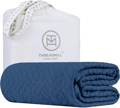 Threadmill Luxury Cotton Blankets for Queen Size Bed | All-Season 100% Cotton Queen Size Blanket | Criss Cross Cozy Lightweight, Soft Breathable Coverlet fits Full Size Bed, 90x92 | Folkstone Blue