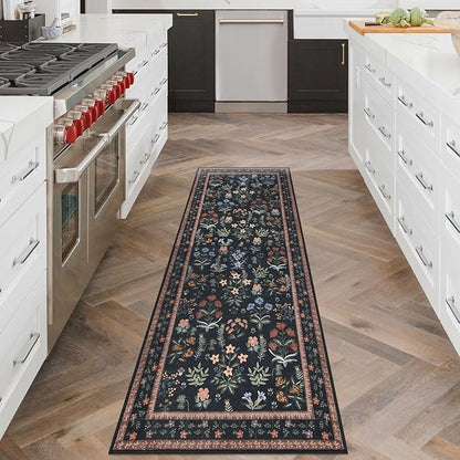 Boho Floral Machine Washable Runner Rug 2x6, Black Navy Kitchen Runner Rug Non-Slip, Super Thin Hallway Rug Runner Printed Faux Wool Soft Carpet for Entryway Bedroom Laundry Room Indoor
