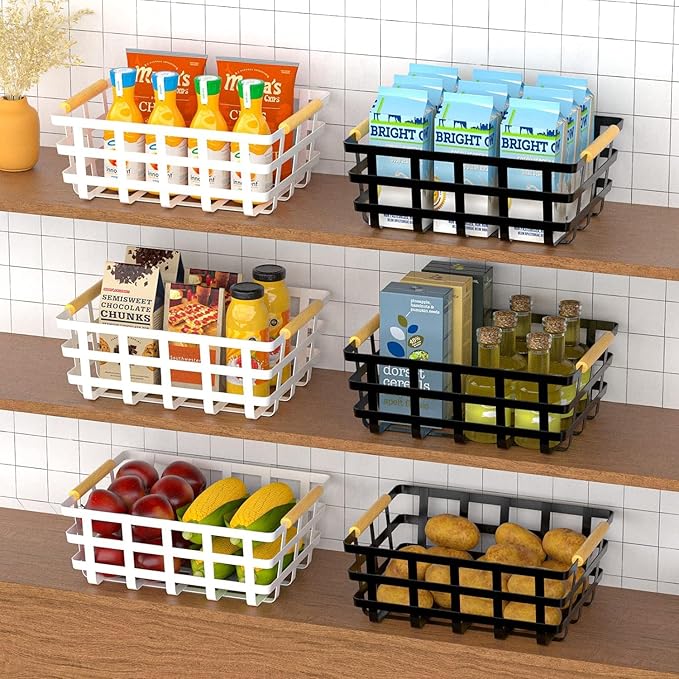 4 Packs Large Metal Storage Baskets,Farmhouse Baskets,Matte Black Pantry Organizer Baskets with Wood Handle, Metal Baskets Bins for Kitchen Pantry Shelf Cabinets
