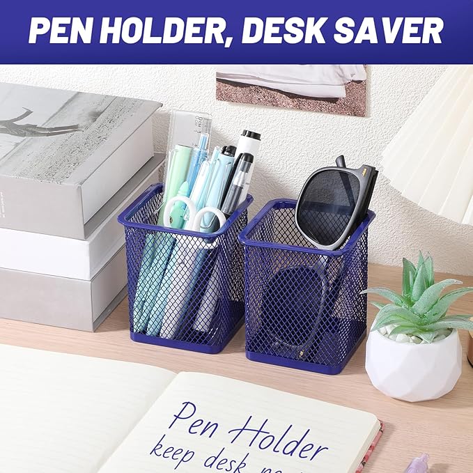 Segarty Pen Cup Holder, 12 Pack Square Dark Blue Pen Holder for Desk, Cute Metal Mesh Pencil Cups Container Marker Organizer Set for Office Supply, School Classroom, Home Desktop, Makeup Brush Storage