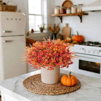 12 Bundles Fake Mums Fall Flowers Artificial for Outdoors Decoration Artificial Mums Faux Plants Daisy for Outdoor Outside Planters UV Resistant Violets for Fall Decor Home Porch Door Front Patio Yard