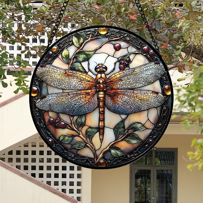 DASTOLL Stained Glass Window Hanging - Dragonfly Plant Suncatcher Ready to Hang Window Doors Home Decoration, Christmas, Mother's Day Birthday Gifts for Women, Men, and Mom 14.9x14.9 in