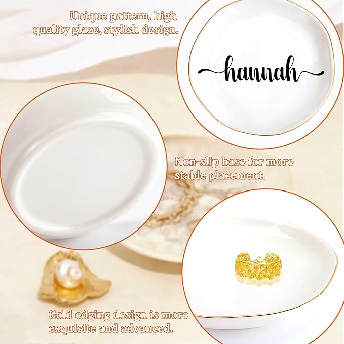 JoycuFF Hannah Personalized Name Ceramic Jewelry Tray, Mothers Day Christmas Anniversary Engagement Birthday Gifts for Women Couples, Trinket Dish for Rings Earrings Necklaces Bracelets Keys