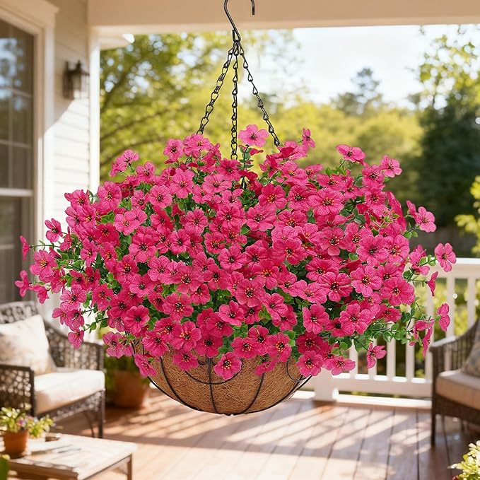 Artificial Fake Hanging Plants Flowers Basket Outdoors Outside Summer Decoration,Hanging Planters with Faux Silk Flowers Realistic UV Resistant for Home Indoor Porch Front Patio Balcony Garden Fuchsia