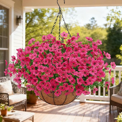 Artificial Fake Hanging Plants Flowers Basket Outdoors Outside Summer Decoration,Hanging Planters with Faux Silk Flowers Realistic UV Resistant for Home Indoor Porch Front Patio Balcony Garden Fuchsia