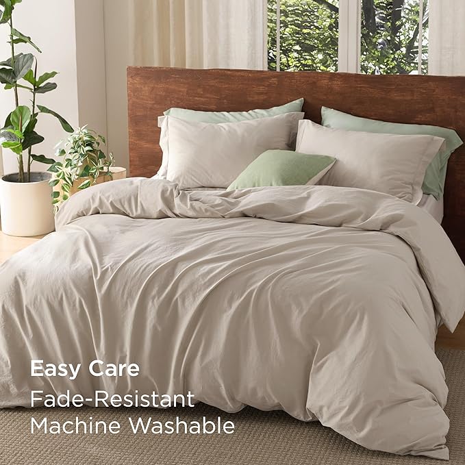 Bedsure 100% Washed Cotton Duvet Cover Cal King - Linen Color Minimalist Cotton Duvet Cover Linen Like Textured - GentleSoft™ Plain Simple Bedding, California King, 104"x98"