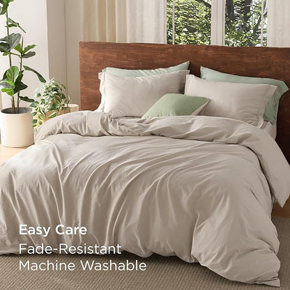 Bedsure 100% Washed Cotton Duvet Cover Twin Size - Linen Color Minimalist Cotton Duvet Cover Linen Like for All Seasons - GentleSoft™ Plain Simple Bedding (Twin, 68"x90")