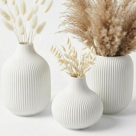 White Ceramic Vases Set of 3, Modern Minimalist Ribbed Vases for Centerpiece, Home Office Shelf Decor, Farmhouse Kitchen Bathroom Bedroom Living Room Decor