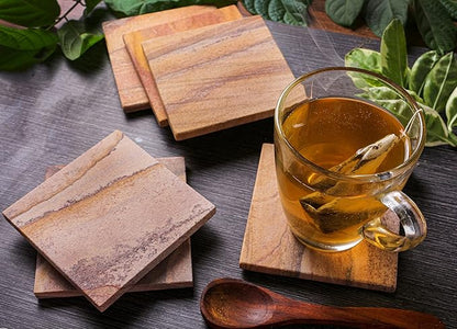 Sandstone Water Absorbent Hand Crafted Square Coasters for Drinks - 4 Inches Wide Thirsty Stone Bar/Drink Coasters- Made from Rainbow Sandstone (Set of 4 Without Holder)