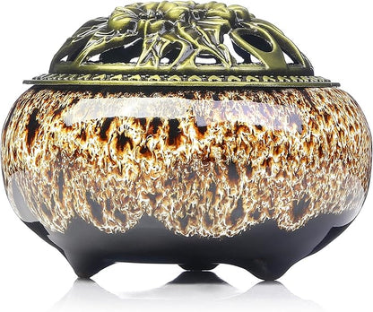 Incense Burner with Calabash Incense Stick Holder - Porcelain Charcoal Censer for Use with Resin Granular Powder Cone or Coil Incense (New Fambe Gray)