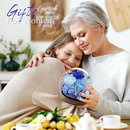 FIACO Valentines Gifts for Her Preserved Flowers in Glass Dome Long-Lasting Eternal Roses Birthday Gifts for Women Mom Grandma Wife Girlfriend Blue Forever Flowers for Delivery Prime
