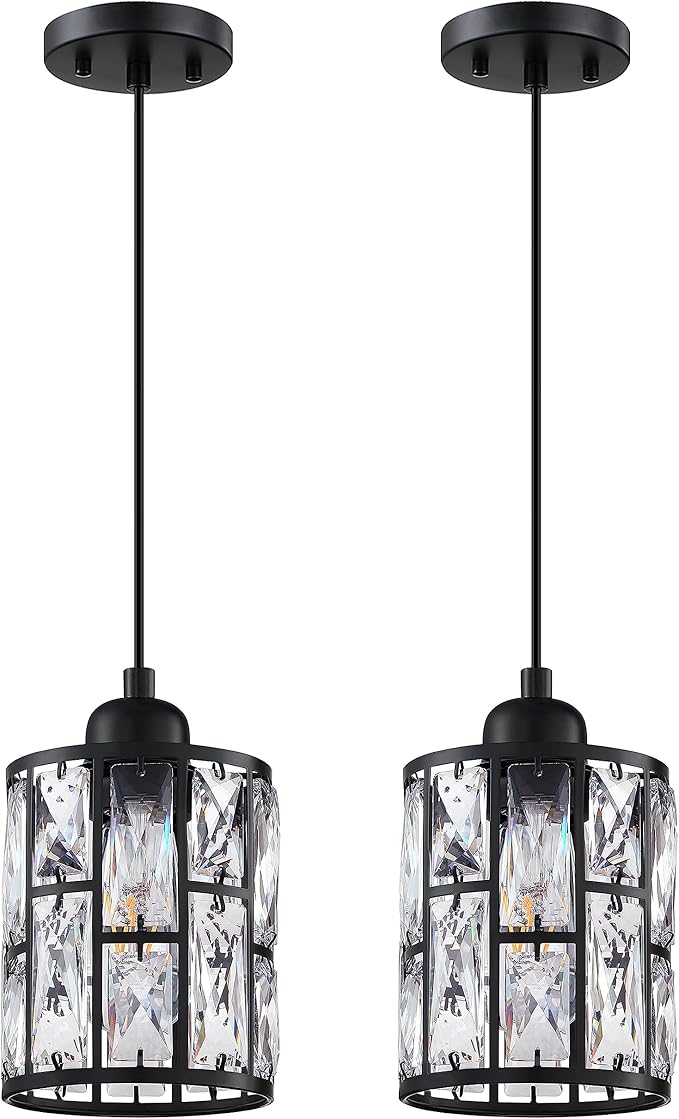 2 Pack 1 Light 5.3" Crystal Hanging Kitchen Island Pendant Light Black Finish,Concise Pendant Fixture Crystal Plate Metal Shade for Bar,Dining Room,Living Room Over Sink