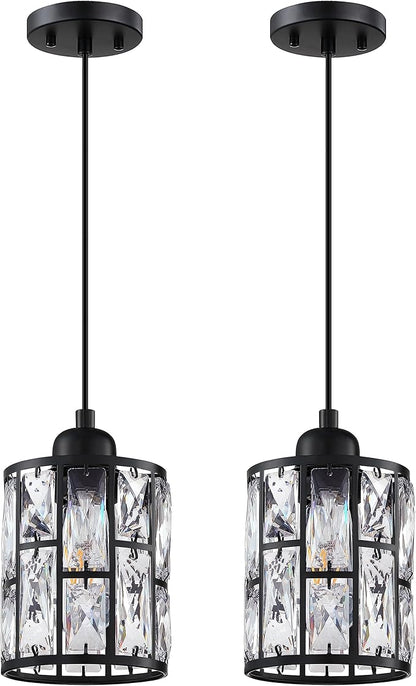 2 Pack 1 Light 5.3" Crystal Hanging Kitchen Island Pendant Light Black Finish,Concise Pendant Fixture Crystal Plate Metal Shade for Bar,Dining Room,Living Room Over Sink