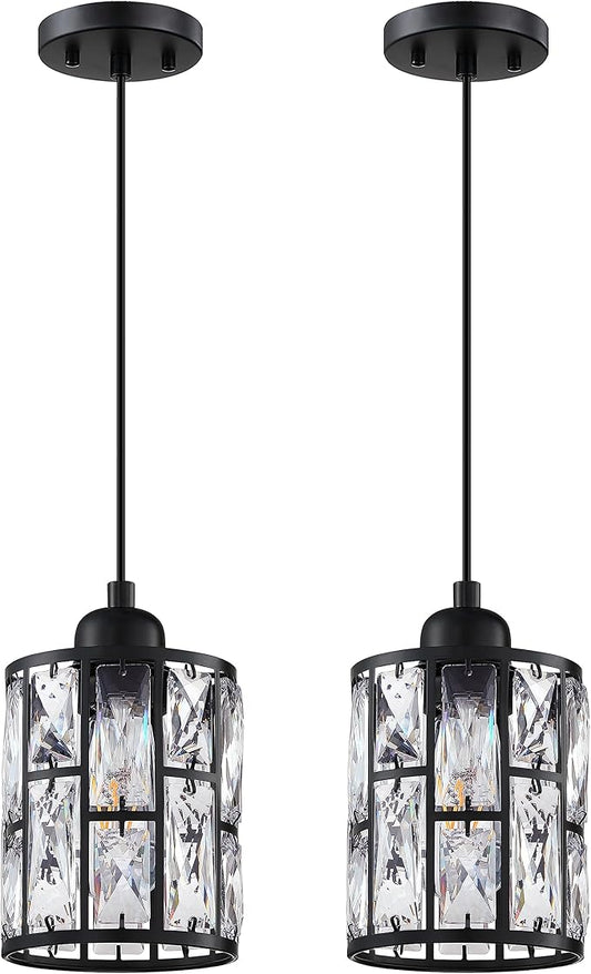 2 Pack 1 Light 5.3" Crystal Hanging Kitchen Island Pendant Light Black Finish,Concise Pendant Fixture Crystal Plate Metal Shade for Bar,Dining Room,Living Room Over Sink