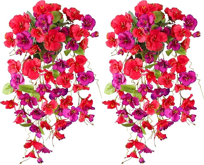 Fake Hibiscus Artificial Hanging Flowers Plants for Outdoors Spring Decoration, 2pcs Silk Hibiscus Vines Realistic UV Resistant Faux Flowers for Outside Planter Porch Patio Yard Wedding Party, Mix