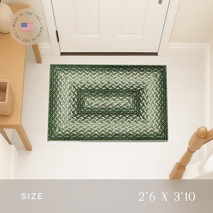 Maples Rugs Marion Bohemian Braided Design Print Area Rug – Made in USA – Washable, Non Slip Indoor Carpet for Entryway, Foyer, Kitchen, and Bathroom, 46" x 30", Green