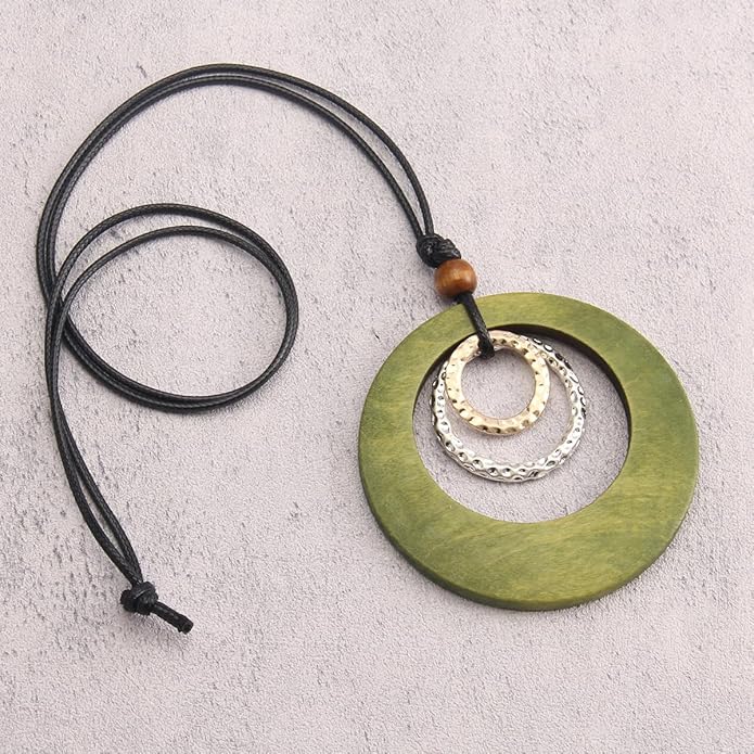 Leather Necklace for Women Boho Choker Necklace Long Cord Leather Pendant Bohemian Neckalce Vintage Alloy Pendant Leather Rope Necklace Wooden Necklaces for Women