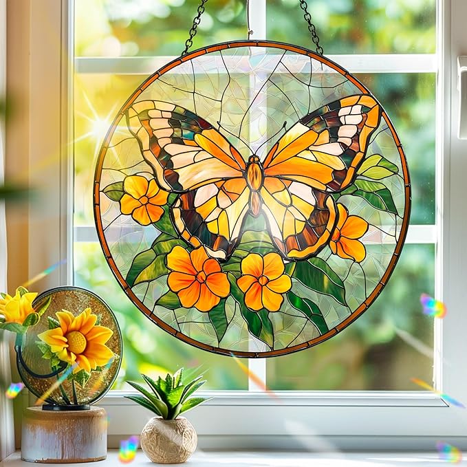 Bimkole Yellow Butterfly Sun Catchers Indoor Window - Flowers Acrylic Suncatcher Hanging Decoration for Living Room Bedroom Summer Home Balcony Outdoor Garden Ornaments Decoration 7.8x7.8 Inch