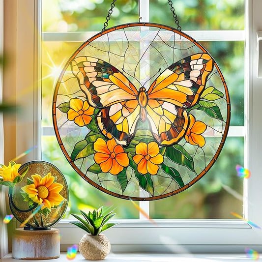 Bimkole Yellow Butterfly Sun Catchers Indoor Window - Flowers Acrylic Suncatcher Hanging Decoration for Living Room Bedroom Summer Home Balcony Outdoor Garden Ornaments Decoration 7.8x7.8 Inch