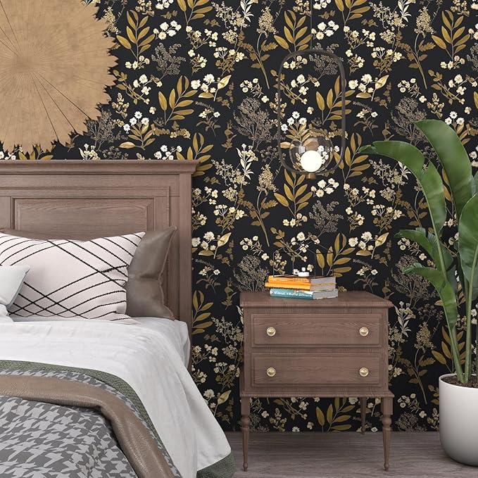 Gothic Wallpaper Peel and Stick Dark Floral Wallpaper 17.5in x 78.7in Vintage Leaf Contact Paper Vinyl Waterproof Self Adhesive Boho Botanical Wall Paper for Bedroom Cabinet Décor