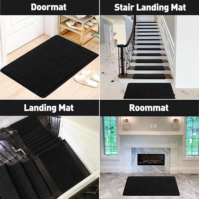 PURE ERA Carpet Stair Tread Landing Mat Area Rug Ultra Plush Shag Soft Non Slip Skid Resistant Tape Free Indoor Doormat Washable Reusable Black 2' X 3'
