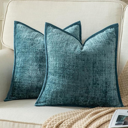 Yaertun Pack of 2 Chenille Textured Decorative Throw Pillow Covers Accent Solid Cushion Cover Soft Cozy Pillow Case with Velvet Back for Couch Sofa Bed Living Room 20x20 Inch Lake Blue