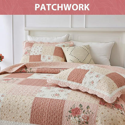 SahSahCasa 128"x120" 100% Cotton Oversized California King Patchwork Bedspread Coverlet Quilt Set, Floral Cal King Quilted Bedspread Extra Large Quilt, XL Bed Spread Lightweight Comforter, Pink/Cream