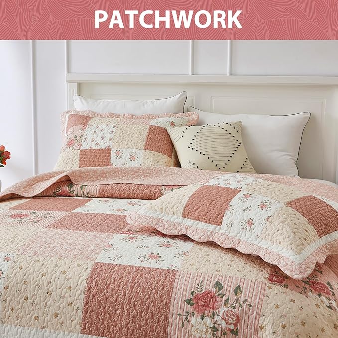 SahSahCasa 120"x102" 100% Cotton Oversized Queen Bedspread Coverlet Quilt Set, Patchwork Floral Quilted Bedspread Extra Large Wide Quilt, XL Bed Spread Lightweight Comforter, 3pc, Cream/Pink