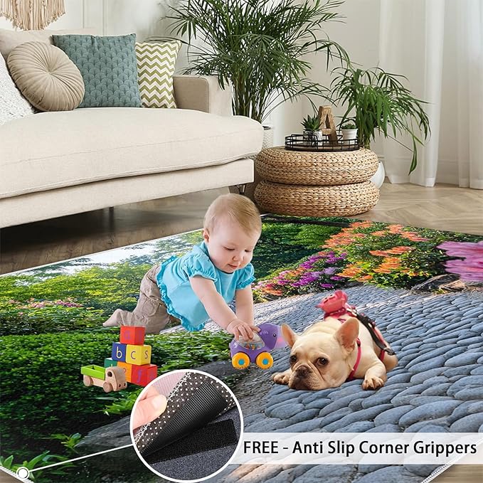 Japanese Gardens Washable Area Rugs 4x6 Non-Slip Garden Art Living Room Rug Eastern Aesthetics Soft for Carpet Low Pile Indoor Door Mat & Room Decor