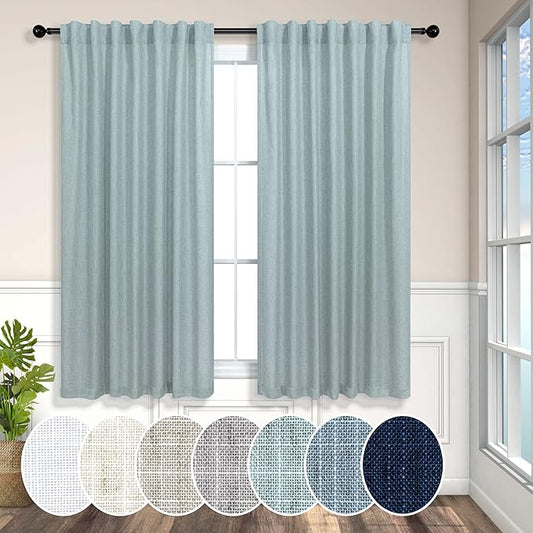 Teal Curtains 54 Inch Length for Master Bedroom 2 Panels Back Tab Pocket Blue Green Linen Semi Sheer Mist Seafoam Curtains for Living Room Summer Cabin Coastal Beach Decor Dusty Aqua Sea Green 52x54