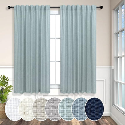 Pitalk Aqua Curtains 45 inch Length for Bedroom 2 Panels Rod Pocket Back Tab Lightweight Linen Semi Sheer Short Coastal Summer Sea Green Seafoam Curtains for Living Room Bathroom Home Office Teal