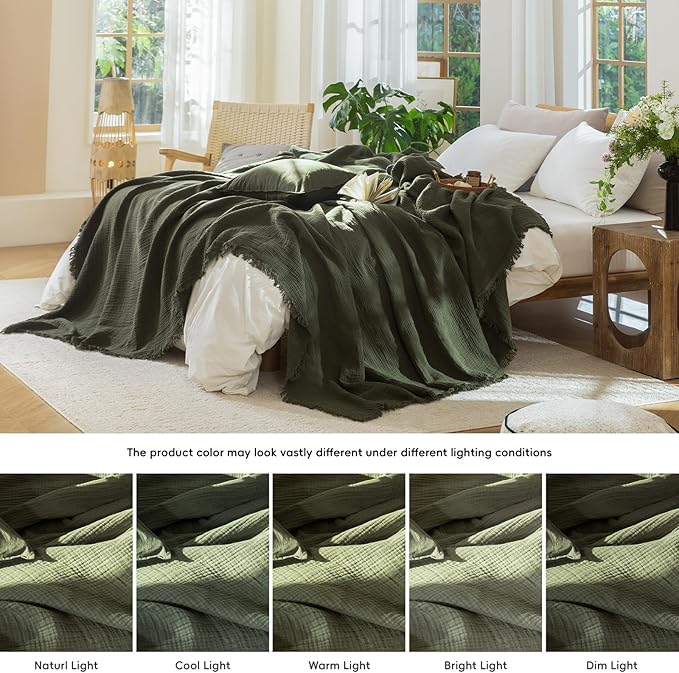 MooMee Muslin Blanket - 100% Cotton 4-Layer Gauze Throw Blanket with All-Around Fringe, Ultra-Soft Breathable Lightweight Cooling Decorative for Bed, Sofa & Couch (Olive Green, Queen 90" x 90")