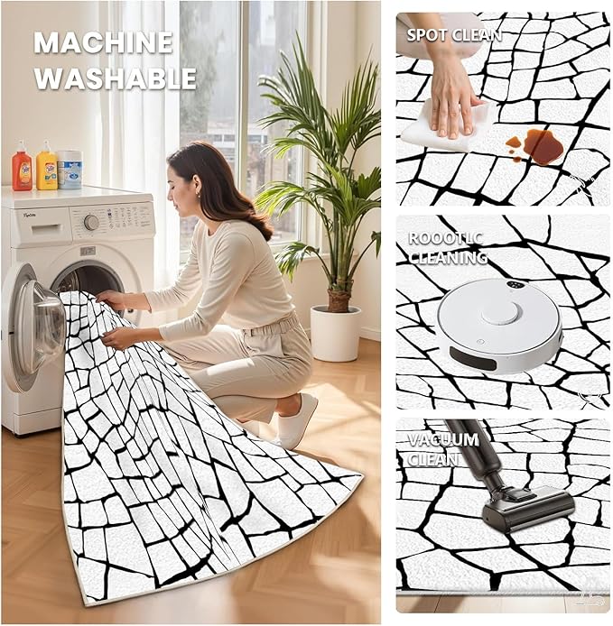 Black and White Area Rug, Abstract Rug 7x10, Contemporary Minimalist Rugs, Geometric Cracks Area Rugs, Modern Geometric Carpet for Living Room, Washable Non Slip Home Decor Mat